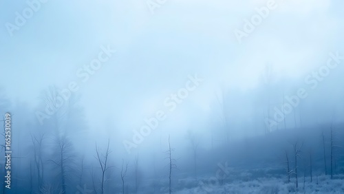 Mystical winter forest landscape in cool blue tones, featuring a watercolor-like texture and ethereal atmosphere.