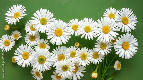 A natural arrangement of white daisies against a green background, exuding freshness.