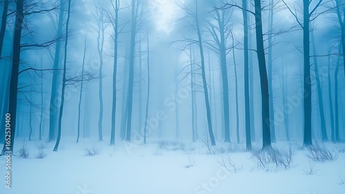 A serene winter forest landscape with misty blue tones and a soft watercolor-like ambiance.