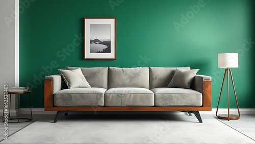Contemporary living space with a green accent wall, modern furniture, and uncluttered aesthetic.