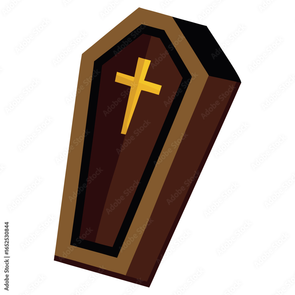 Obraz premium Spooky halloween coffin with a gleaming golden cross set against a rich dark mahogany background perfect for seasonal decorations and themes