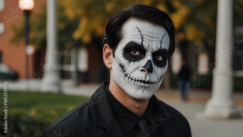 Man costume, painted face. Skull makeup. Halloween party.