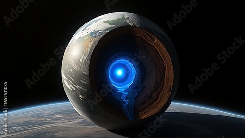 Cross-section of Earth revealing glowing blue core with dynamic liquid movement.