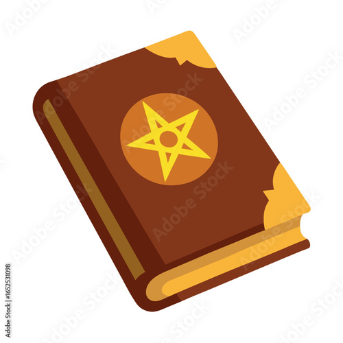 Vintage brown leather spell book with magical symbols and arcane text perfect for halloween or fantasy themes