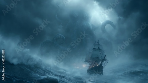 Fototapeta Naklejka Na Ścianę i Meble -  A giant kraken attacks a ship in a stormy sea. .