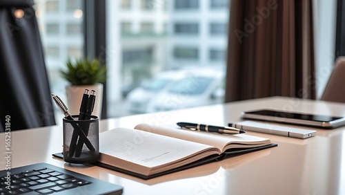 Modern workspace with an organized desk, open planner, and natural light creating a professional yet inviting atmosphere.