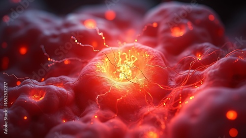 Cellular-level artistic rendering of mitochondria glowing with healing energy powering regeneration within human tissue
