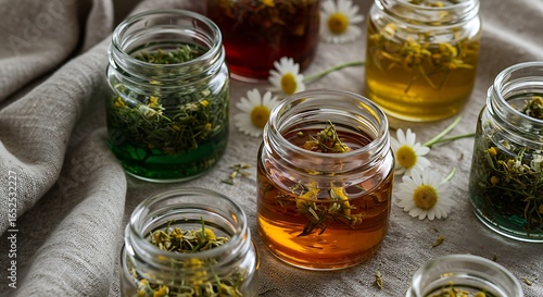 Rustic Aesthetic Chamomile Infused Oil in Glass Jars Still Life
