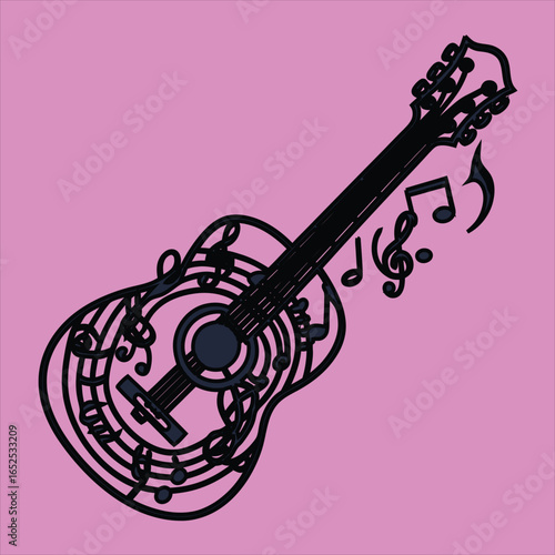 Acoustic Melody An artistic illustration of a guitar silhouette intertwining with musical notes on a vibrant pink canvas, evoking the essence of melody and artistic expression.