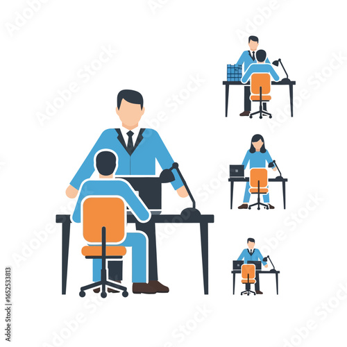 A set of vector illustrations showing a manager supervising an employee working at a computer desk.