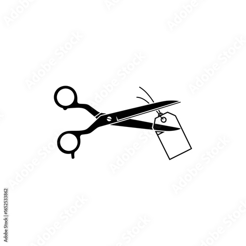 A pair of scissors cutting a tag in a black and white illustration on a white background graphic image