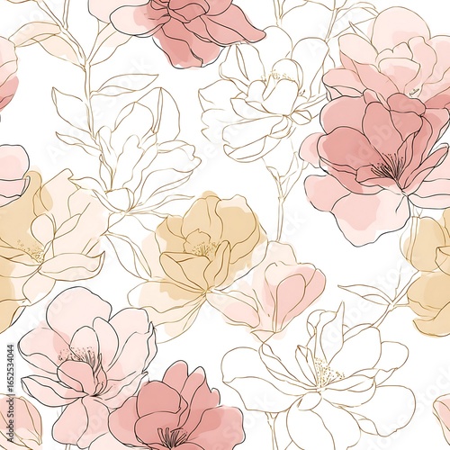 Soft floral pattern with pink and yellow watercolor roses and gold outlines flower botanical