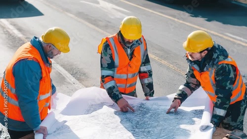 Road Construction Meeting: A team of road workers gathers around a detailed blueprint.