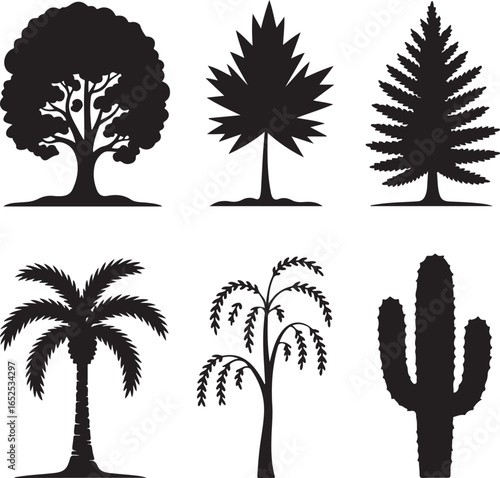 Six Silhouette Trees and Plants on White Background nature flora