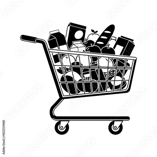 Black and white grocery shopping cart filled with food items including fruits bread and packaged goods vector