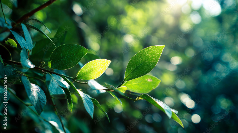 Obraz premium green nature bokeh with sunlight shining through leaves, natural background