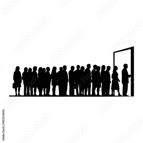 Silhouette illustration depicting a long queue of people waiting to enter a doorway or opening space