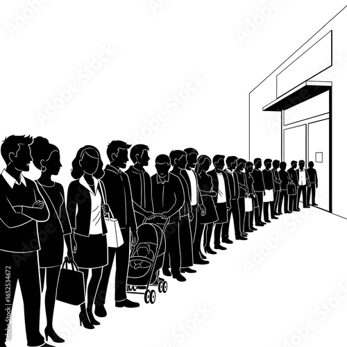 Silhouette illustration of a long queue of people waiting outside a building entrance door way