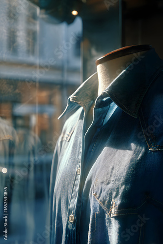 An inviting light blue denim shirt on a mannequin, subtly glistening in warm light.