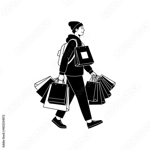 Man in beanie walking with numerous shopping bags in minimalist black and white illustration style art