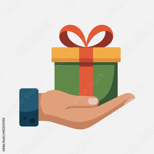 Hand presenting a green gift box with red ribbon and bow holding giving