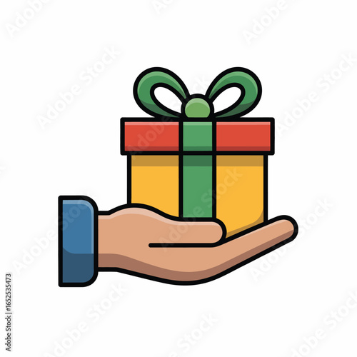 Hand holding a yellow gift box with red lid and green ribbon present giving