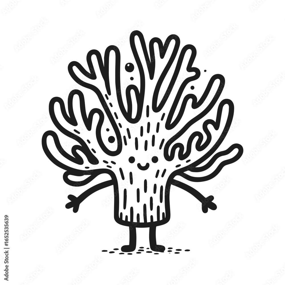 Obraz premium Whimsical cartoon coral with human features in monochrome sketch style, vector