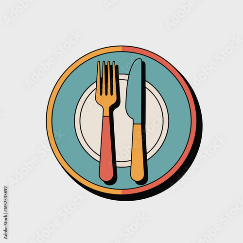 Flat design fork and knife on a plate with retro color palette cutlery dining