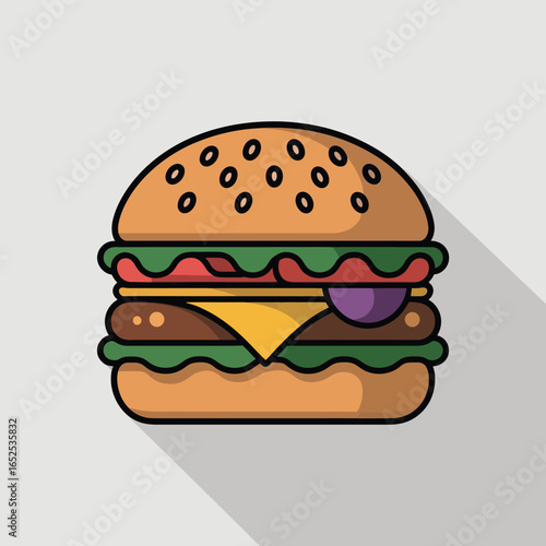 Colorful Flat Design Hamburger with Lettuce Tomato Cheese and Onion cheeseburger fast food