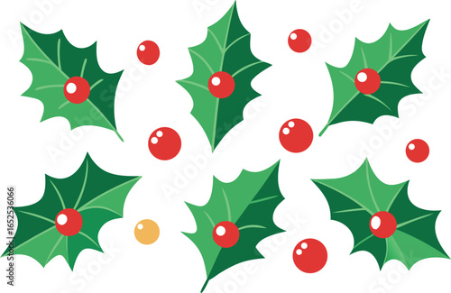 Festive Holly Berry Illustration with Green Leaves and Red Berries for Christmas