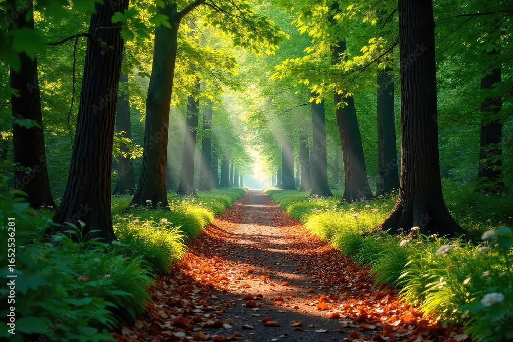 Obraz premium Serene forest trail, dappled sunlight filtering through leaves, fallen leaves on path, peaceful woodland scene, perfect for hiking or nature themed projects , shadows, hiking, trees