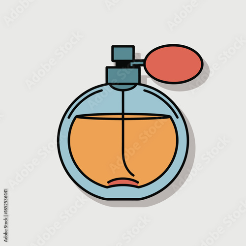 Stylized illustration of a round perfume bottle with orange liquid fragrance spray