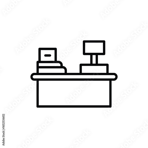 Outline icon of a checkout counter with cash register and display desk retail