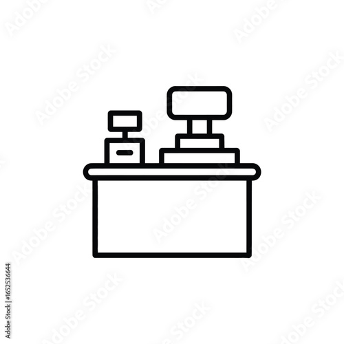 Simple outline icon of a retail checkout counter with two screens cash register desk