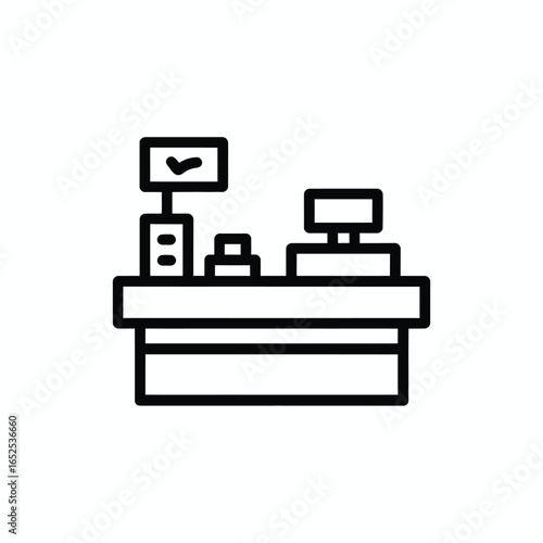 Outline icon of a checkout counter with a checkmark display cash register desk