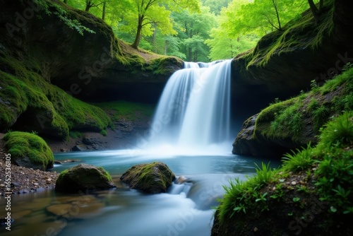 Serene waterfall cascading over moss-covered rocks , nature, flora, close-up