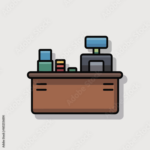 Cartoon illustration of a checkout counter with items and cash register desk retail