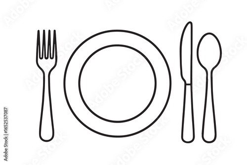 Vector illustration of a plate, fork, spoon, and knife in black and white style with bold black outline, symbolizing proper table manners design.