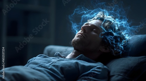 Man in peaceful sleep with digital brain waves