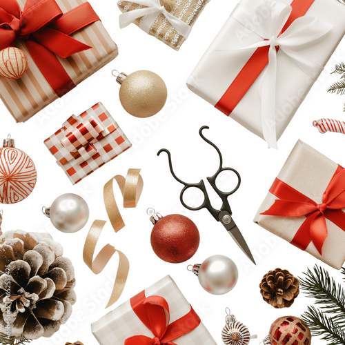 Christmas gift wrapping tools, scissors, ribbons, wrapping paper, ornaments, cozy festive style
