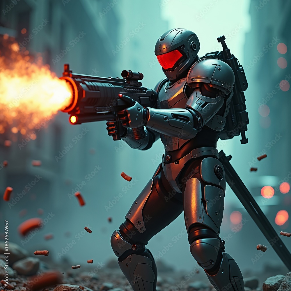Naklejka premium Futuristic warfare and artificial intelligence embodied in advanced armed robot soldier firing weapon in city battle scene