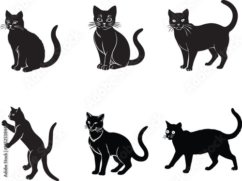 A set of cute cartoon cats, kittens, and black cat silhouettes