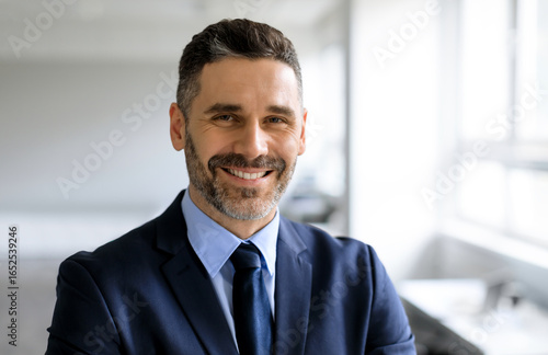 Portrait of happy confident middle aged businessman in suit looking and smiling at camera, posing in office interior, free space. Ceo manager and boss, successful work, career concept