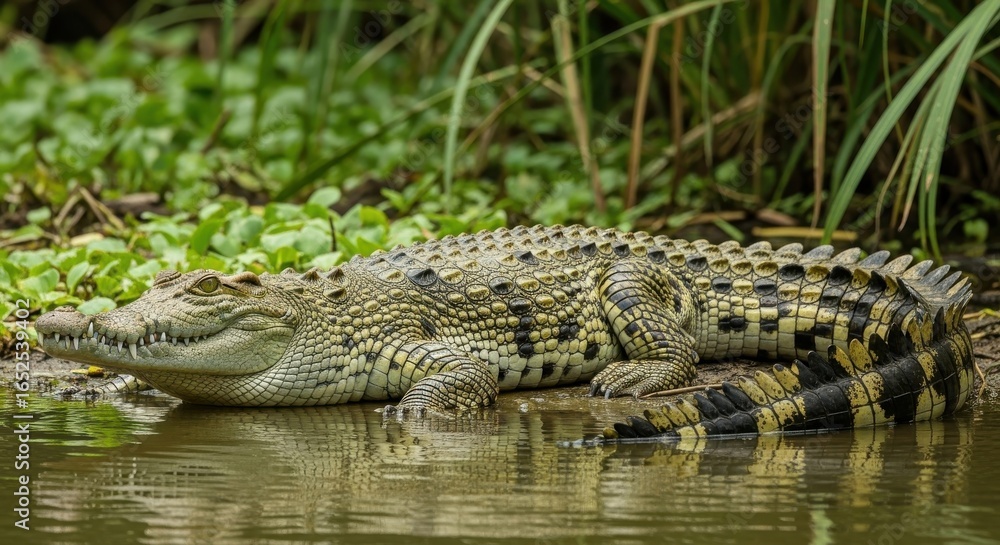 Fototapeta premium Nile Crocodile Resting at the Riverbank, Showing Textured Skin Pattern