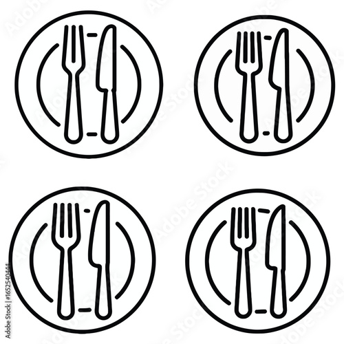 Four white circular icons with black fork and knife symbols cutlery dining