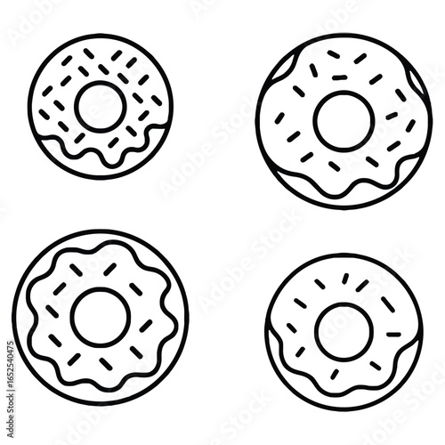 Four outline icons of donuts with simple frosting and sprinkles doughnut pastry