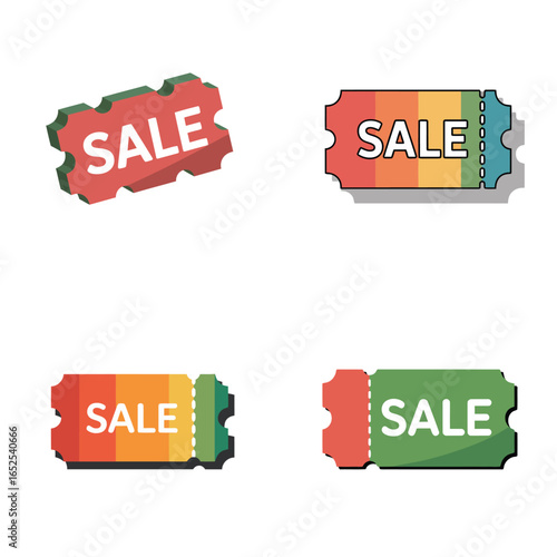 Four colorful sale tickets with white text on a white background coupon discount