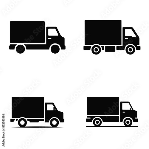 Four black silhouette icons of delivery trucks on a white background transport logistics