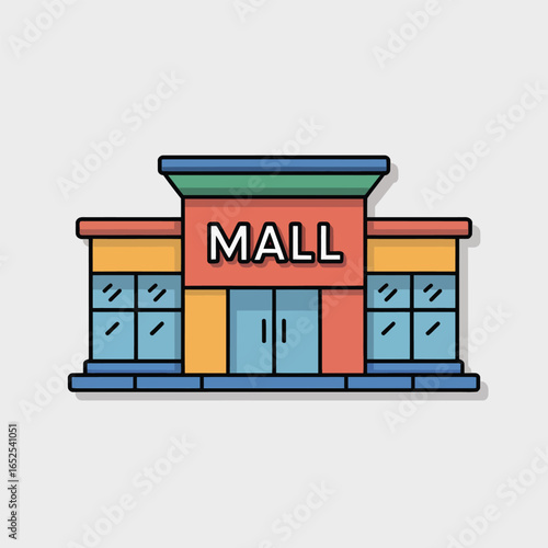 Stylized shopping mall building with colorful panels and glass storefronts retail