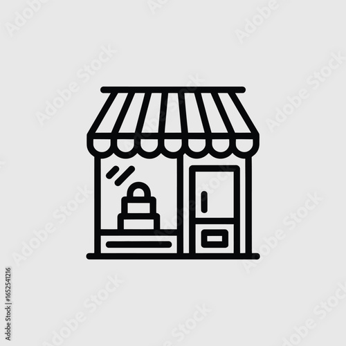 Line art icon of a shop with awning and display window showing items storefront building